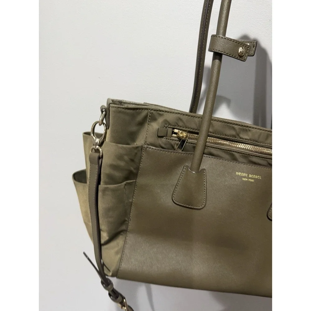 Henri Bendel Green Leather Nylon Diaper Bag‎ Satchel Tote Bag Crossbody i